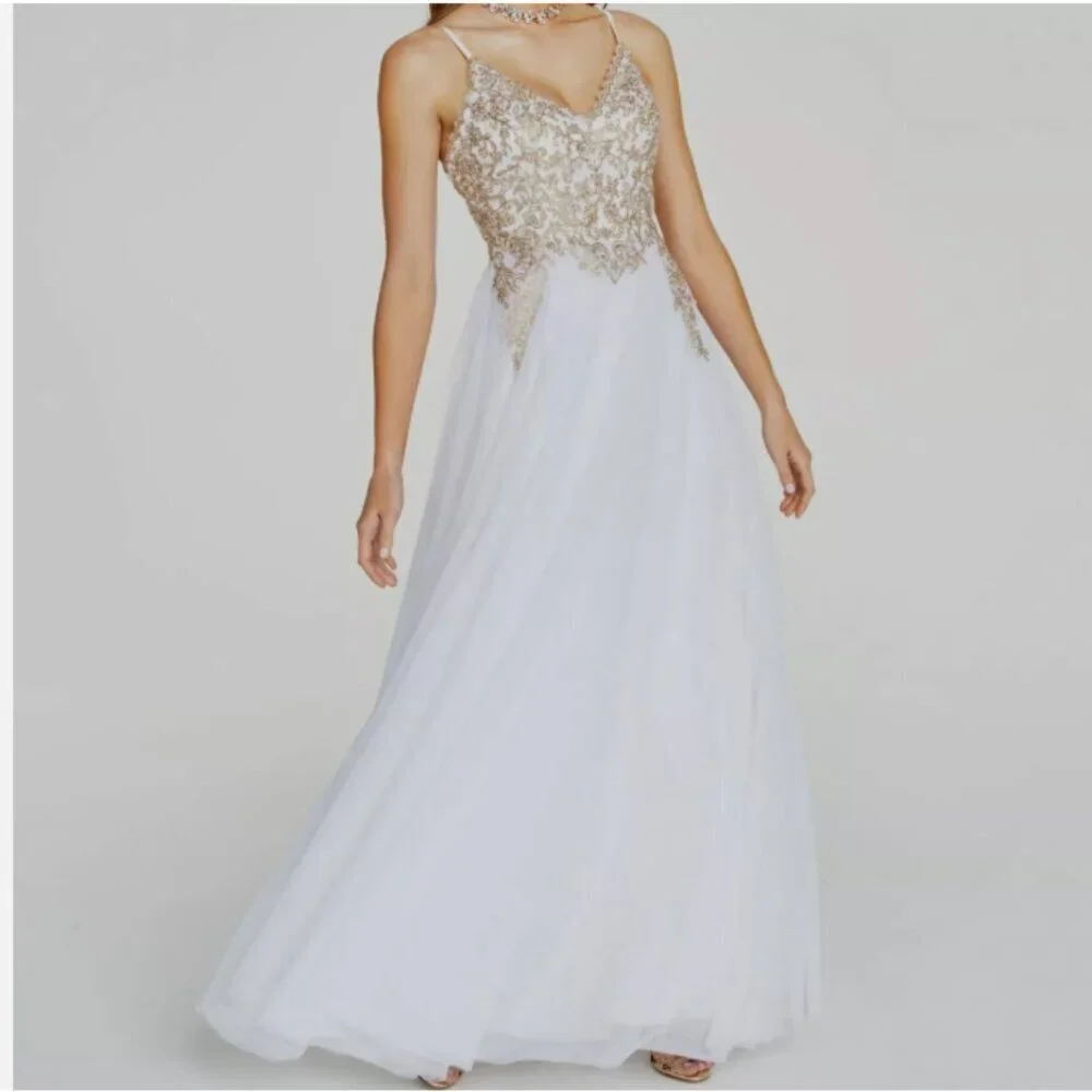 Say Yes to the Prom Dress White Gold Embellished Dress Size 17 NWT